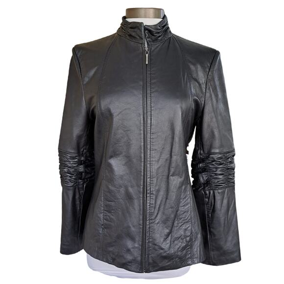 Kasper Black Leather Jacket Size Small Stand Collar Ruched Sleeves Moto Cafe